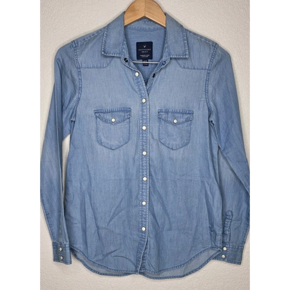 American Eagle Women XS Blouse Blue Pearl Snap Long Sleeve Western Rodeo Denim